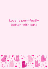 Adorable pink cats with hearts and floral details illustration