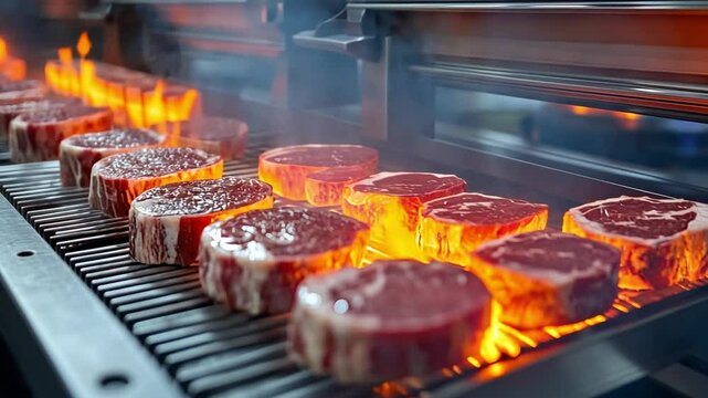 Sizzling Steak on the Line: A row of perfectly seasoned steaks sizzles on a commercial grill, flames licking at their edges, capturing the essence of culinary precision and tantalizing aromas.