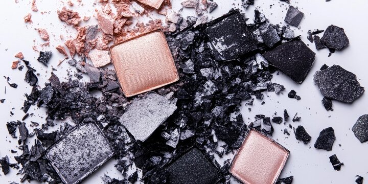 Worn and broken eyeshadow palette displayed on a white background from a top view, showcasing the shattered makeup components of the eyeshadow for creative use or reference.