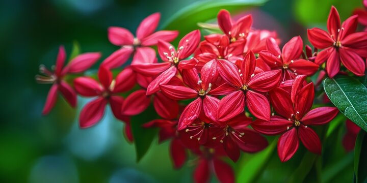 Vibrant red Combretum indicum or Rangoon creeper flowers bloom beautifully in spring, showcasing the stunning beauty of these flowers in a lush botanical garden atmosphere.