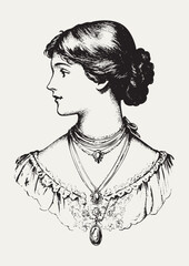 Victorian Woman Portrait Profile Sketch with Elegant Jewelry and Hairstyle