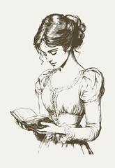 Victorian Woman Reading a Book in Lace Dress with Styled Hair
