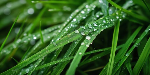 Naklejka premium Water droplets on grass shimmer in the sunlight, creating a stunning display of nature s beauty. The water droplets on the grass enhance the vibrant scene, showcasing the freshness of the moment.
