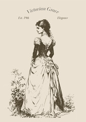 Victorian Woman in Elegant Gown with Detailed Back Design in Garden Setting