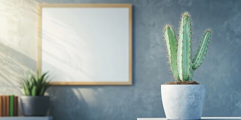 Close up view of a cactus in a pot displayed against an office wall, featuring a whiteboard and a grey backdrop, perfect for an office decoration concept focused on showcasing cactus plants.