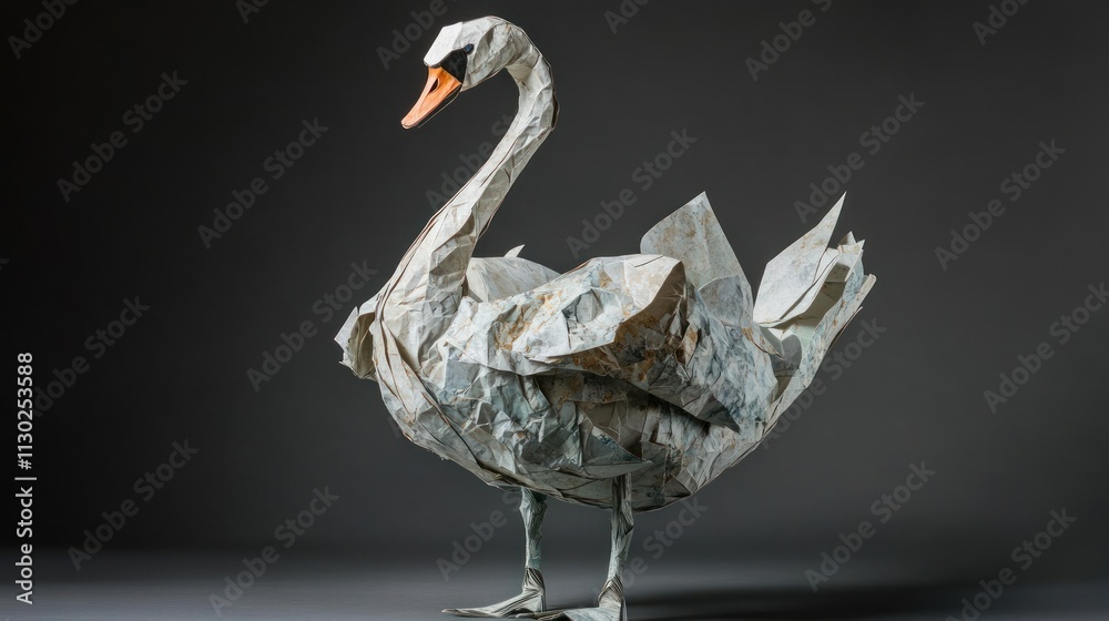 Poster An intricately folded origami swan made from paper.