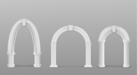 Fototapeta premium Classical architectural arches supported by columns in various design - pointed with clean details, rounded with minimalist lines, and ornamented circular with decorative elements. 3d Greek pillar.