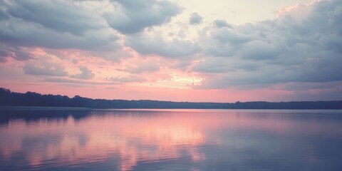 Naklejka premium Cloudy grey skies create a stunning backdrop over the lake at sunset, with hints of rosy hues reflecting on the water s surface during this beautiful evening scene.