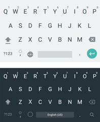 Mobile keyboard for smartphone or tablet. Two keypad template, light and dark. Vector illustration
Light Mode Keyboard. Isolated Keypad With English Qwerty Alphabet.