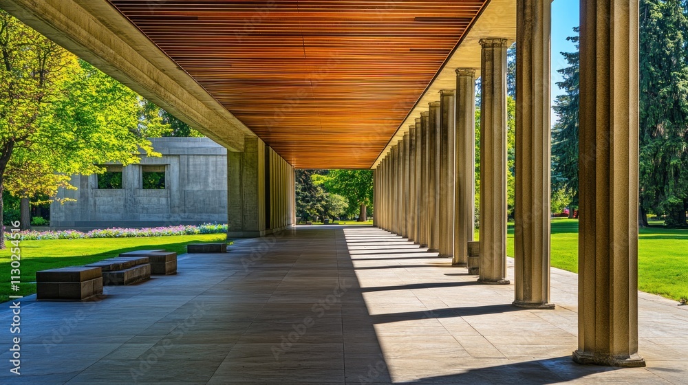 Poster a serene architectural passage with columns and natural light, surrounded by greenery.