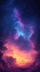 A vibrant cosmic scene with swirling clouds and a colorful sunset, evoking wonder and beauty.
