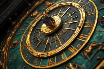 Obraz premium Ornate gold and green circular device with symbols.