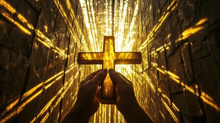 A beautiful wooden cross held between praying hands, with golden rays of sunlight streaming through