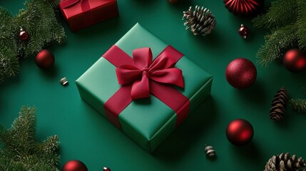 A bright green present with a red ribbon bow, surrounded by festive decorations like ornaments and pinecones