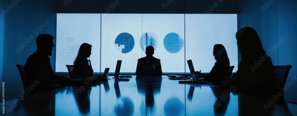 Aufkleber A silhouetted business meeting with data visuals in the background.
