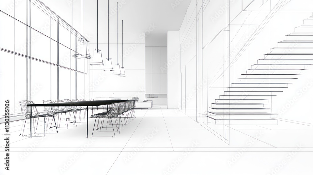 Aufkleber A minimalist architectural rendering of a dining area with a staircase.