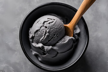 Fototapeta premium Close-up of a scoop of charcoal ice cream, showing its smooth, velvety texture and rich gray-black color. The ice cream is placed in a simple black bowl, with a soft, light gray background.