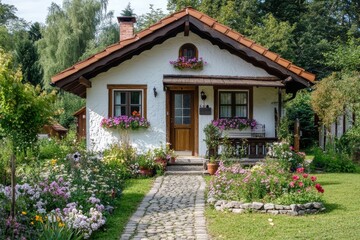 A charming cottage surrounded by vibrant flowers and greenery, inviting a peaceful atmosphere.