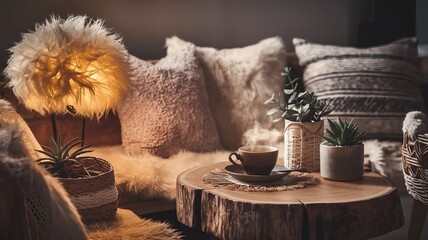 Scandinavian, hygge interior design of cozy modern living room with soft glowing fur, fluffy lamp, cup on wooden side table and natural decorative elements, including soft pillows and warm lighting.
