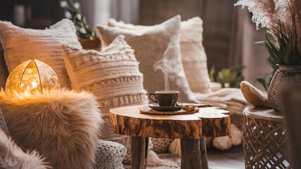Scandinavian, hygge interior design of cozy modern living room with soft glowing fur, fluffy lamp, cup on wooden side table and natural decorative elements, including soft pillows and warm lighting.
