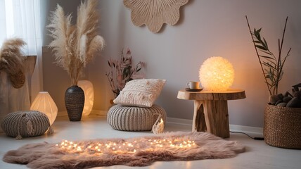 Scandinavian, hygge interior design of cozy modern living room with soft glowing fur, fluffy lamp, cup on wooden side table and natural decorative elements, including soft pillows and warm lighting.
