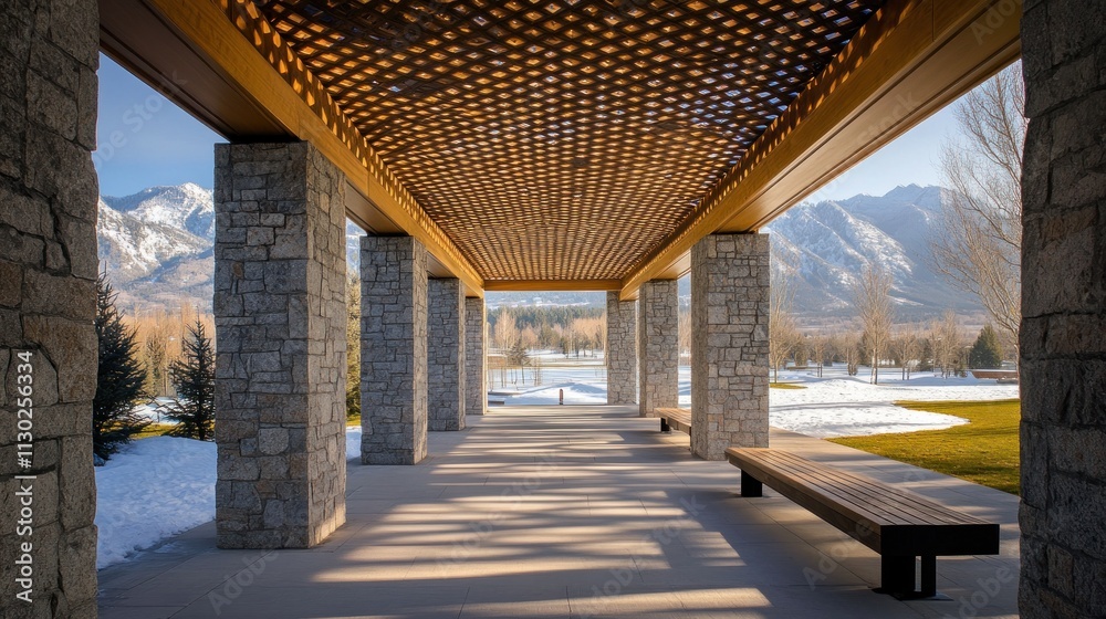 Aufkleber a serene architectural space with stone columns and wooden lattice, framed by snowy mountains.