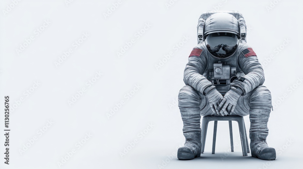 Poster an astronaut sits contemplatively on a stool against a minimalistic background.