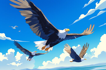 A vibrant illustration of eagles soaring against a blue sky with clouds.