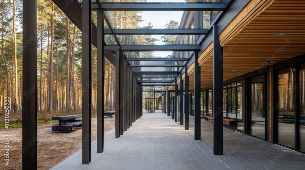 Aufkleber Modern architectural corridor surrounded by trees, emphasizing natural light and space.