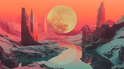 Surreal alien landscape with a large moon and reflective water.