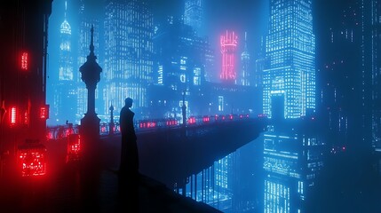 Solitary Figure Silhouetted Against a Futuristic, Neon-Lit Cityscape