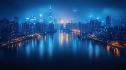 Obraz premium Night cityscape, river reflection, city lights, urban skyline.