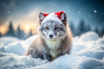 Obraz premium Arctic Fox Santa Hat Winter Wonderland Snowy Scene Wide Angle Photography