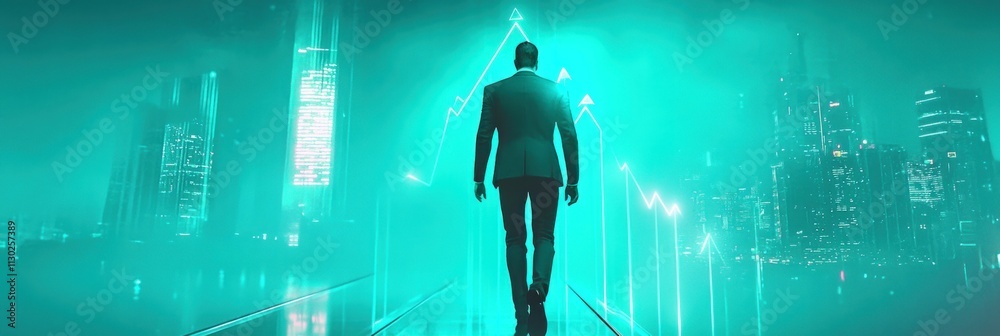 Poster a figure walks towards a glowing city skyline with rising graphs, symbolizing growth and ambition.