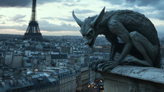 Gargoyle Statue Overlooking Paris with Eiffel Tower in Background