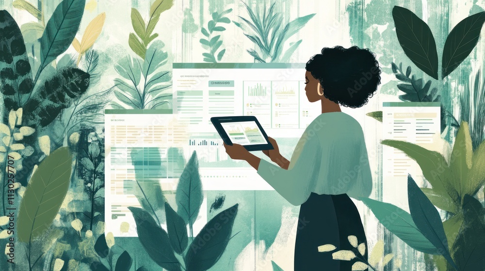 Aufkleber a person analyzes data on a tablet surrounded by lush greenery.