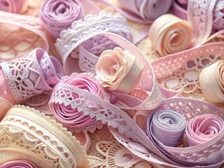 Bird's Eye View: Delicate Lace Ribbons, Romantic Arrangement, Soft Pastel Colors, High-Resolution, Detailed Texture, Elegant Swirls, Dreamy Aesthetic