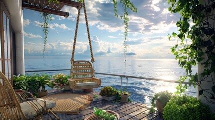 Ultra detailed balcony with ocean vistas, featuring a hammock