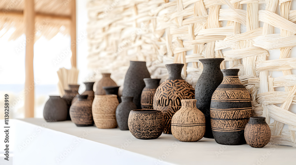 Poster a collection of intricately designed pottery displayed on a shelf against a textured wall, showcasin