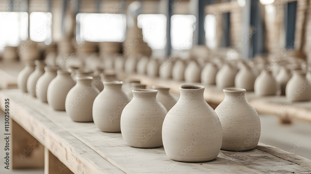 Poster A series of unglazed pottery vases lined up on a wooden table in a spacious workshop with natural light streaming in