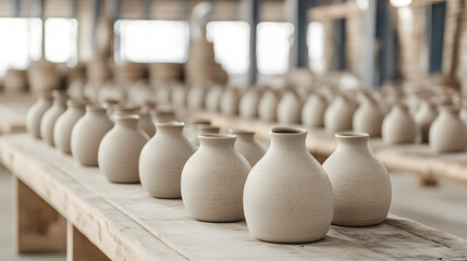 A series of unglazed pottery vases lined up on a wooden table in a spacious workshop with natural light streaming in
