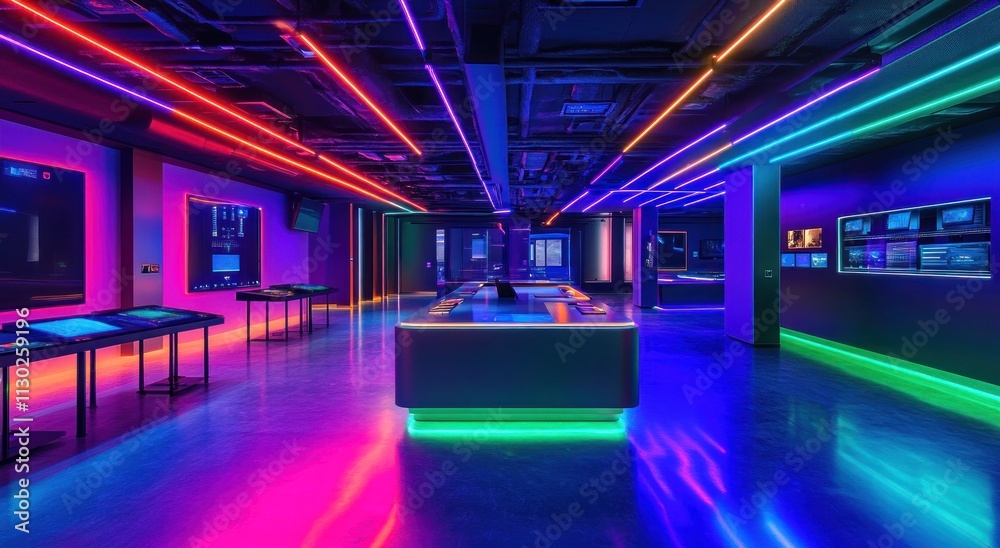 Poster A modern, illuminated tech space featuring vibrant neon lights and interactive displays.