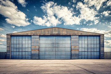 Obraz premium Modern warehouse with sleek design showcasing grey steel cladding and expansive rolling doors against a vibrant blue sky
