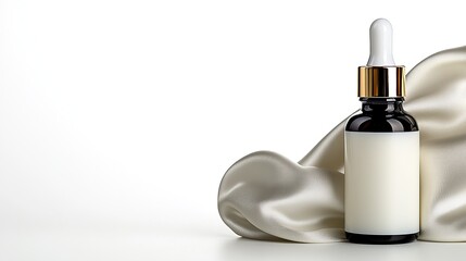 Naklejka premium Luxurious Dark Glass Dropper Bottle on Cream-Colored Fabric