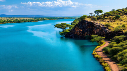 Obraz premium A serene landscape featuring a winding river bordered by lush greenery and rocky cliffs under a bright blue sky