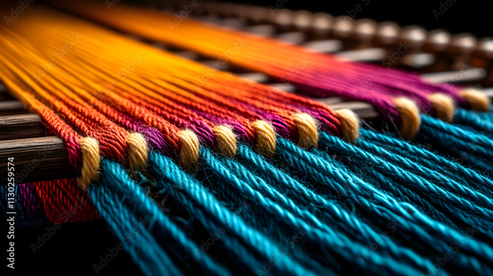 Poster vibrant threads of yarn are arranged in a beautiful gradient, showcasing a rich tapestry of colors, 