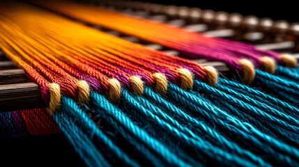 Vibrant threads of yarn are arranged in a beautiful gradient, showcasing a rich tapestry of colors, ideal for crafting and textile work