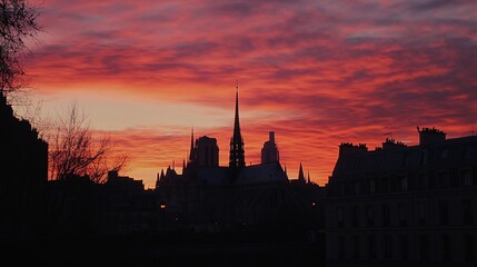 Dramatic Sunset Over City Skyline with Spires and Silhouettes