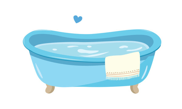 recommend clip art: Baby bathtub with foam, soap bubbles and a yellow rubber duck. Bathtub cartoon clipart in flat style isolated on white background. Baby shower, baby element set.