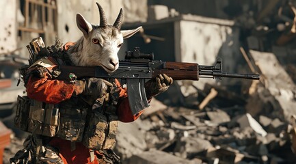 A goat-headed figure in military attire holds a rifle amidst a war-torn environment.